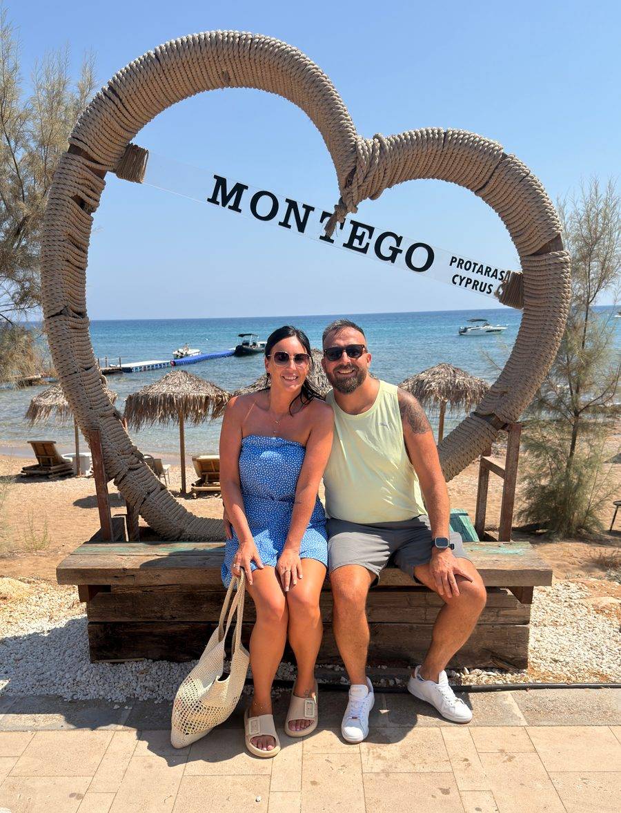 Danny and Becki inside a rope heart in Protaras, 2026